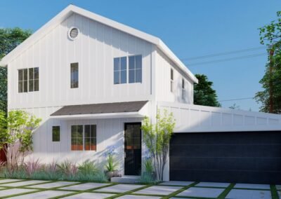 Rendering of a two-story ADU attached to a rebuilt garage