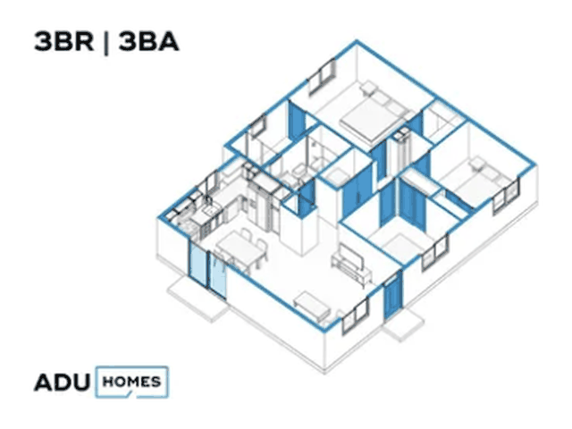 Plan 1000 three-bedroom ADU floor plan, 3 bed, 2 bath, 1,000 sq ft (isometric view)