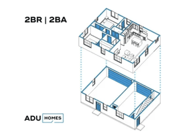 Plan 1102C ADU-over-garage ADU floor plan, 2 bed, 2 bath, 1,102 sq ft (isometric view)