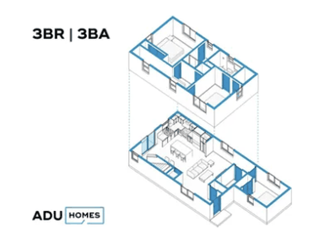 Plan 1185LA three-bedroom ADU floor plan, 3 bed, 3 bath, 1,185 sq ft (isometric view)