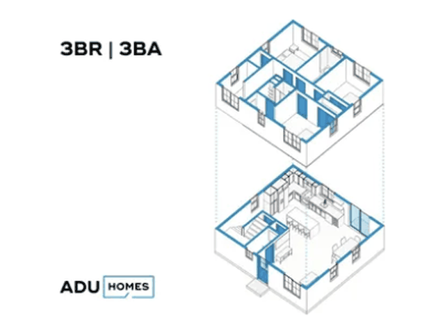 Plan 1200A three-bedroom ADU floor plan, 3 bed, 3 bath, 1,200 sq ft (isometric view)