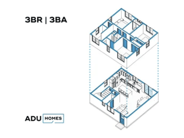 Plan 1200B three-bedroom ADU floor plan, 3 bed, 3 bath, 1,200 sq ft (isometric view)