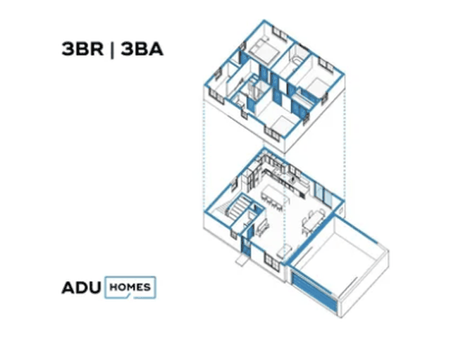 Plan 1200LAG three-bedroom ADU floor plan, 3 bed, 2 bath, 1,200 sq ft (isometric view)