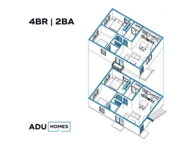 Plan 1494D multi-family ADU floor plan, 4 bed, 2 bath, 1,494 sq ft (isometric view)