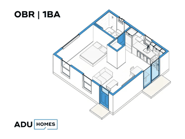 Plan 400A studio ADU floor plan, studio, 1 bath, 400 sq ft (isometric view)