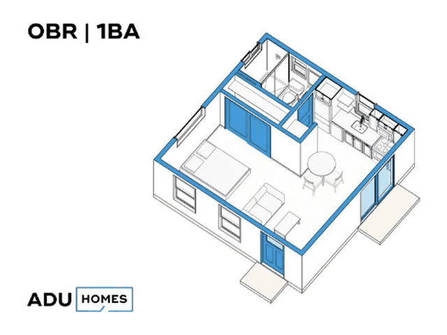 Plan 400B studio ADU floor plan, studio, 1 bath, 400 sq ft (isometric view)