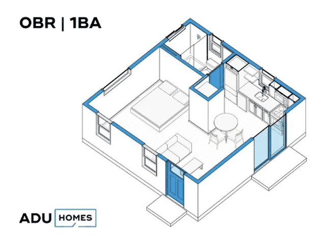 Plan 400E studio ADU floor plan, studio, 1 bath, 400 sq ft (isometric view)