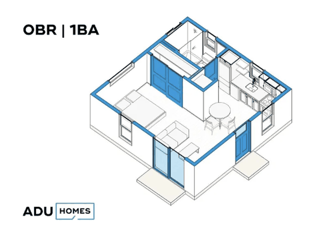 Plan 400F studio ADU floor plan, studio, 1 bath, 400 sq ft (isometric view)