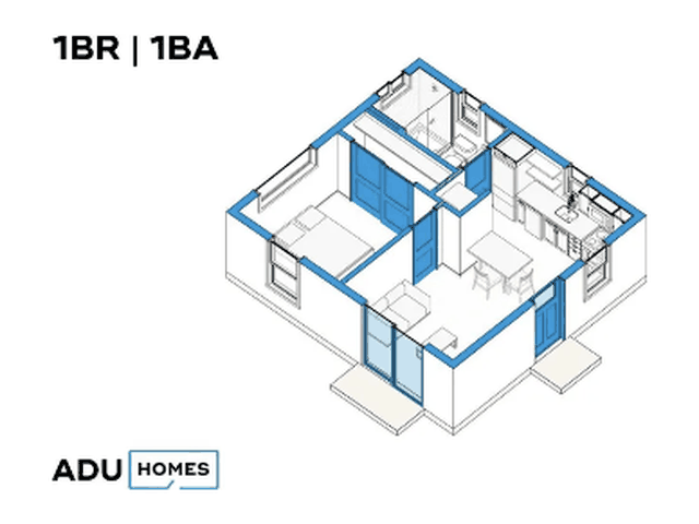 Plan 440 one-bedroom ADU floor plan, 1 bed, 1 bath, 440 sq ft (isometric view)