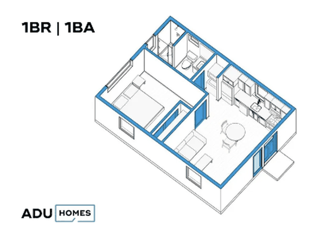 Plan 450 one-bedroom ADU floor plan, 1 bed, 1 bath, 450 sq ft (isometric view)
