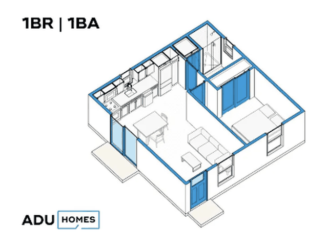 Plan 484 one-bedroom ADU floor plan, 1 bed, 1 bath, 484 sq ft (isometric view)