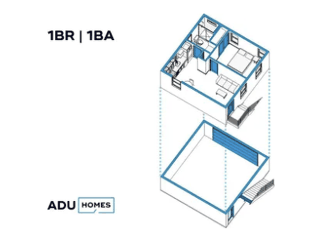 Plan 484C ADU-over-garage ADU floor plan, 1 bed, 0 bath, 484 sq ft (isometric view)