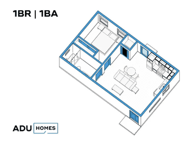 Plan 500A one-bedroom ADU floor plan, 1 bed, 1 bath, 500 sq ft (isometric view)