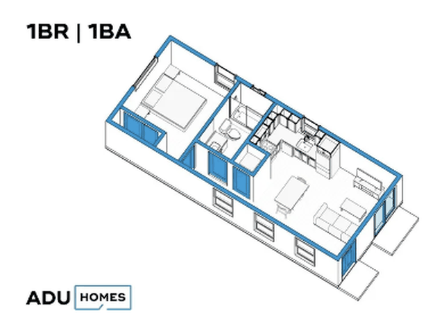 Plan 500B one-bedroom ADU floor plan, 1 bed, 1 bath, 500 sq ft (isometric view)