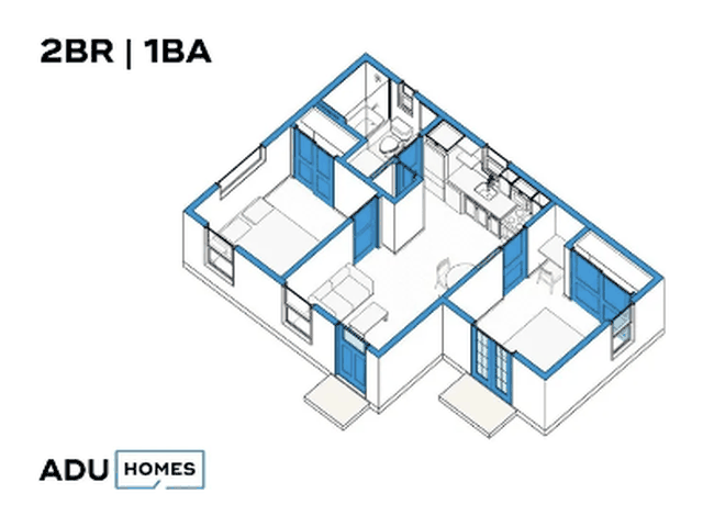 Plan 537 two-bedroom ADU floor plan, 2 bed, 1 bath, 537 sq ft (isometric view)