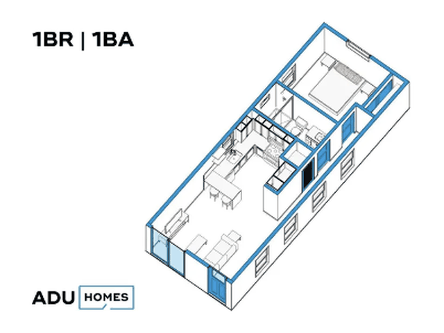 Plan 600 one-bedroom ADU floor plan, 1 bed, 1 bath, 600 sq ft (isometric view)