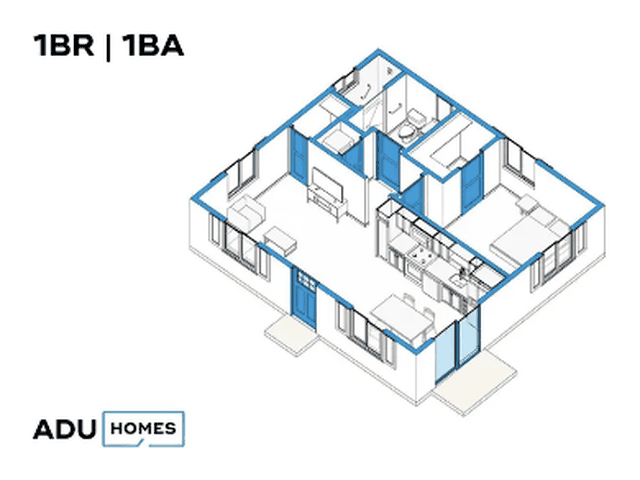 Plan 700 one-bedroom ADU floor plan, 1 bed, 1 bath, 700 sq ft (isometric view)