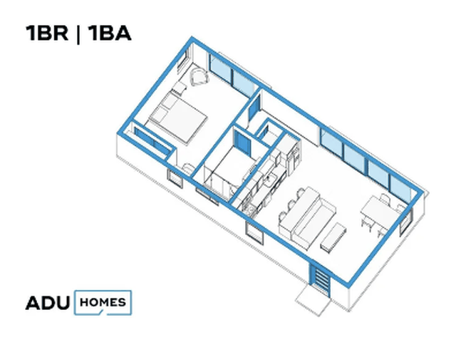 Plan 720 one-bedroom ADU floor plan, 1 bed, 1 bath, 720 sq ft (isometric view)