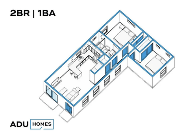 Plan 744 two-bedroom ADU floor plan, 2 bed, 1 bath, 744 sq ft (isometric view)