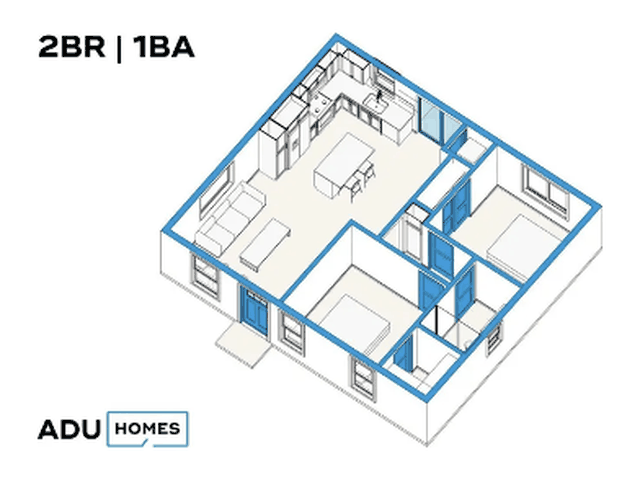 Plan 780 two-bedroom ADU floor plan, 2 bed, 1 bath, 780 sq ft (isometric view)
