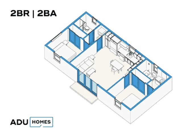 Plan 800 two-bedroom ADU floor plan, 2 bed, 2 bath, 800 sq ft (isometric view)