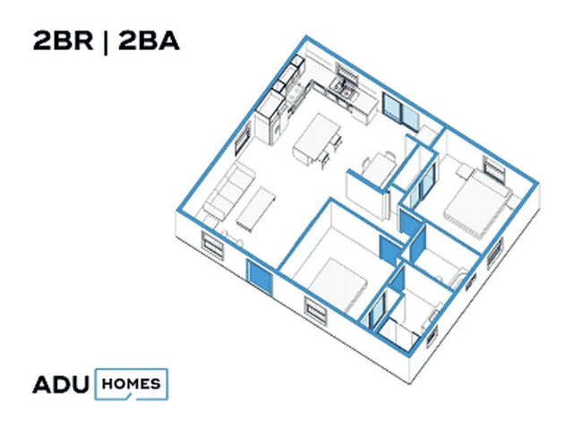 Plan 832 two-bedroom ADU floor plan, 2 bed, 1 bath, 832 sq ft (isometric view)