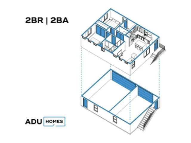 Plan 837C ADU-over-garage ADU floor plan, 2 bed, 2 bath, 837 sq ft (isometric view)