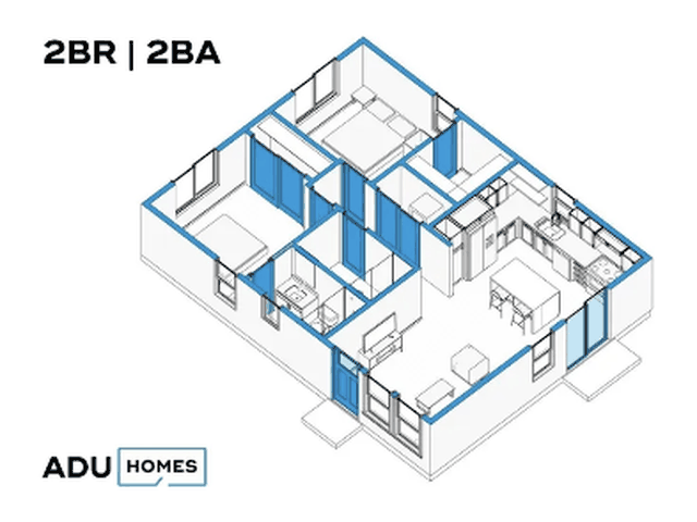 Plan 854 two-bedroom ADU floor plan, 2 bed, 2 bath, 854 sq ft (isometric view)