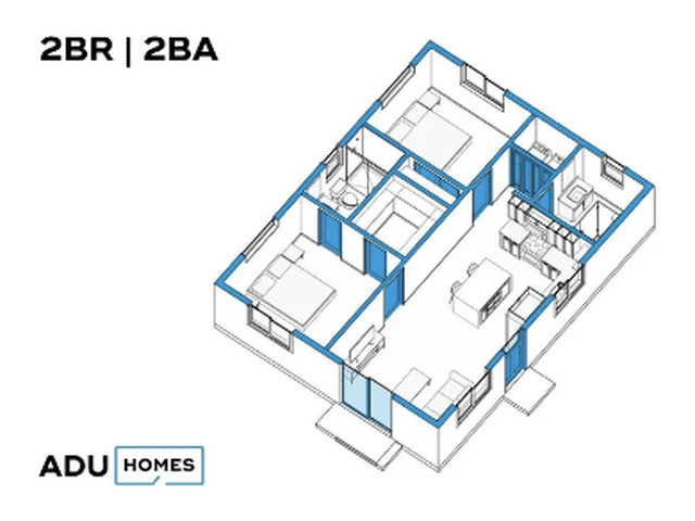 Plan 858 two-bedroom ADU floor plan, 2 bed, 2 bath, 858 sq ft (isometric view)