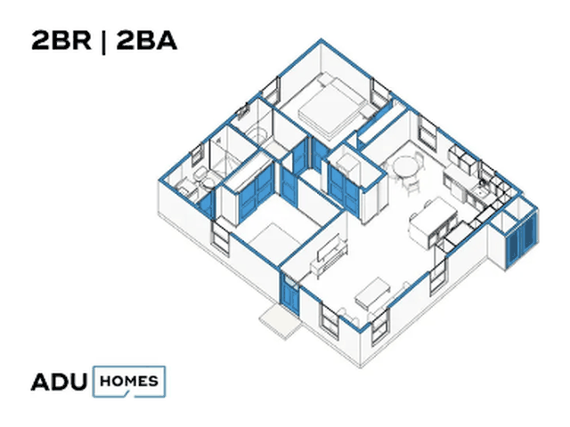 Plan 910 two-bedroom ADU floor plan, 2 bed, 1 bath, 910 sq ft (isometric view)